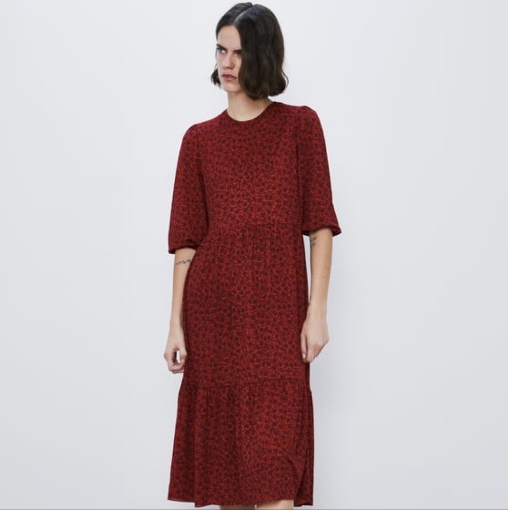 NWOT Zara Red & Black Dainty Floral Tiered Midi Dress